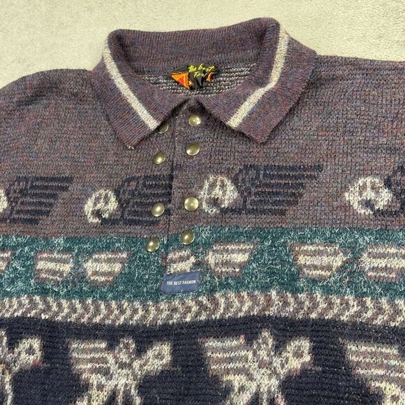 Vintage 90s Wool Mohair Blend Aztec Henley Sweater AOP Purple Italy Retro - Picture 4 of 9